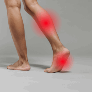 Person med smerte i underben og hæl – markeret med rød farve for at illustrere ondt i ben og fødder.