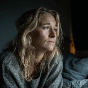 Trist kvinde med langt blondt hår sidder i dæmpet belysning og stirrer tankefuldt ud i luften, hvilket illustrerer symptomer på stress, bekymring eller følelsesmæssig udmattelse.